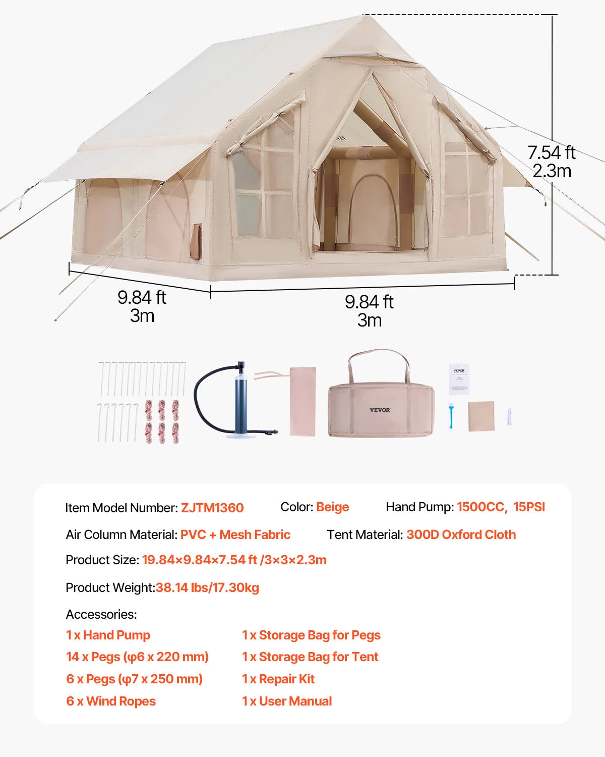 Inflatable Camping Tent 300D Oxford with Pump